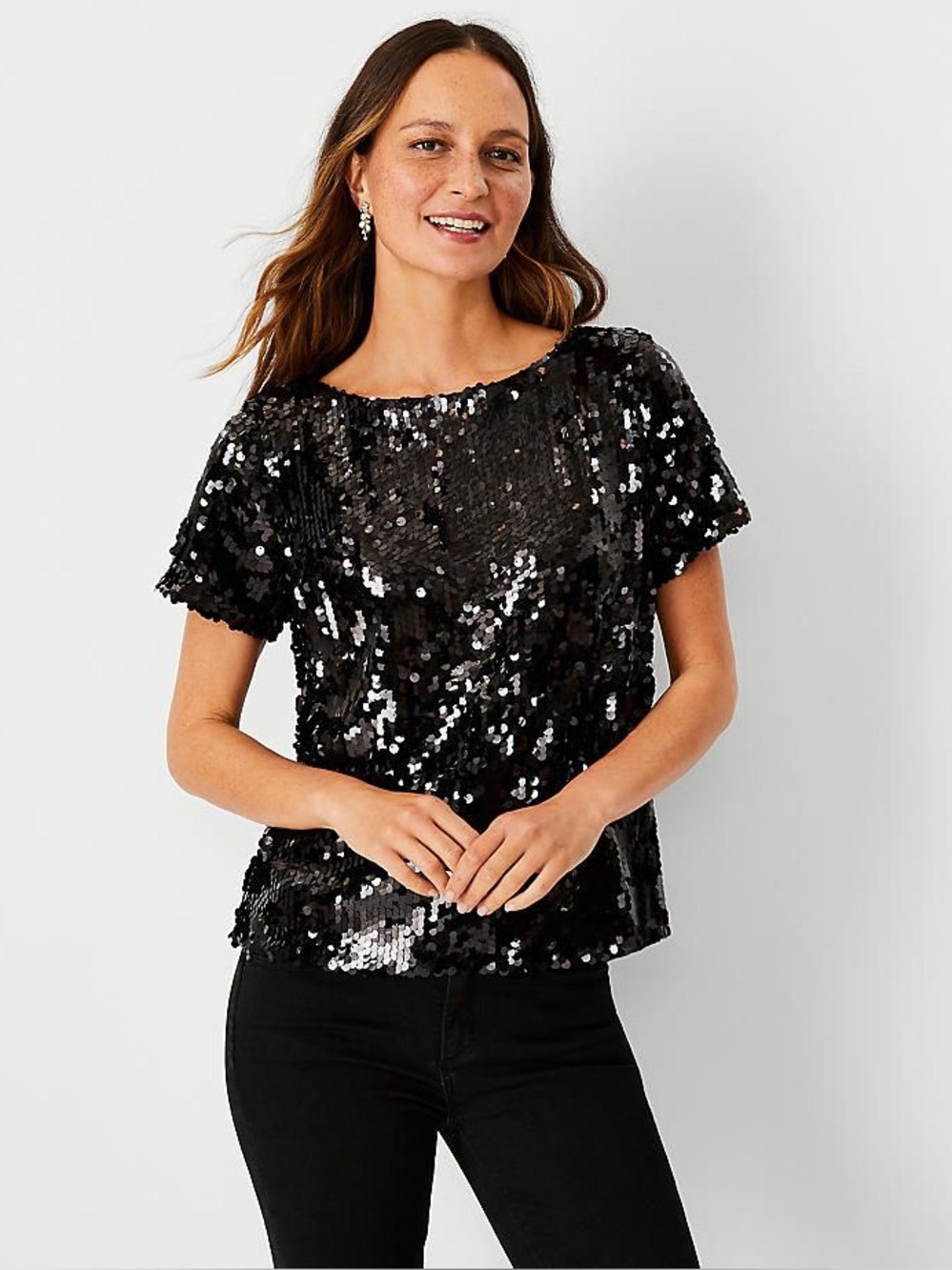 NWT LOFT Black Sequin Boat Neck Short Sleeve Party Tee Top Holiday Glam Size M